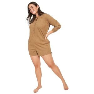 Old Navy Women's Long-Sleeve Ribbed Button-Down Lounge Romper Size Large Tan